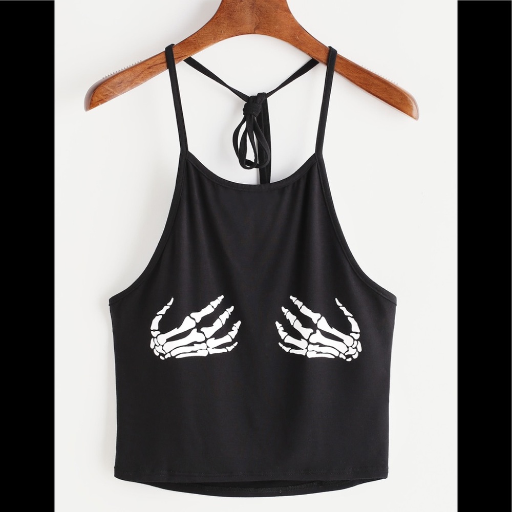 CUTE SKELETON HAND PRINT HALTER NECK TOP